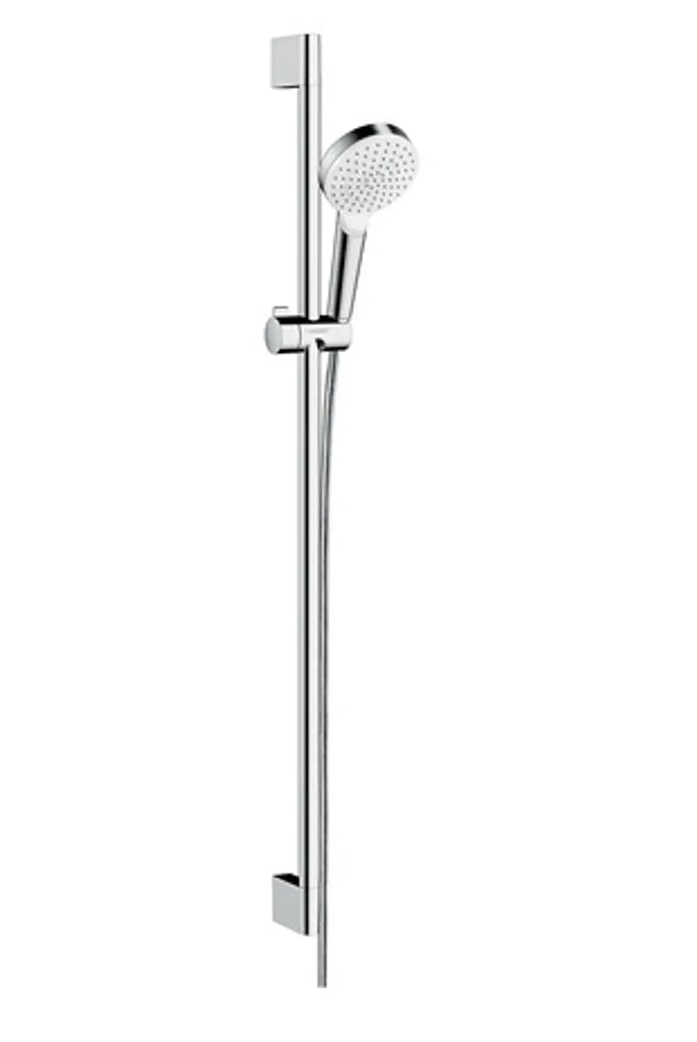Hansgrohe Brauseset mit Handbrause und verstellbarer Halterung an einer glatten Wand. Die Oberfläche ist in Chrom und Weiß gehalten.